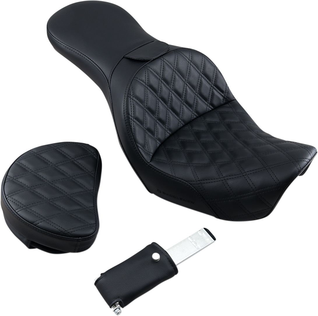 Black SADDLEMEN Explorer motorcycle seat with backrest, lattice stitched design, compatible with FXD models, by Bill's Exhausts.
