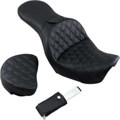 Black SADDLEMEN Explorer motorcycle seat with backrest, lattice stitched design, compatible with FXD models, by Bill's Exhausts.