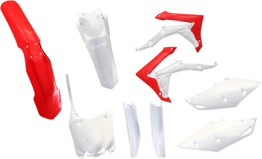 Acerbis full replacement body kit in OEM '13 red and white for motorcycle, including front and side panels, with detailed design