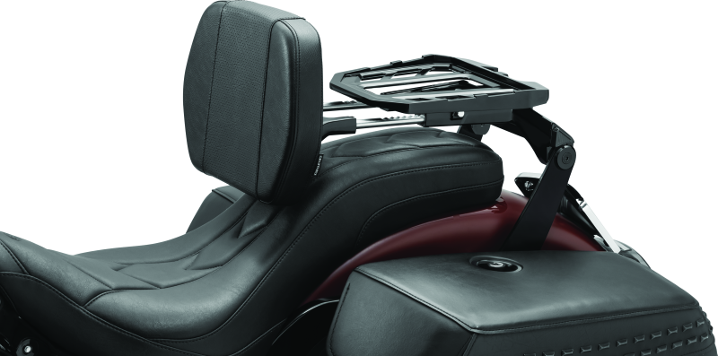 Kuryakyn Neo Driver and Passenger Backrest with luggage rack in black for motorcycle, featuring padded back support and metal rack