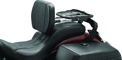 Kuryakyn Neo Driver and Passenger Backrest with luggage rack in black for motorcycle, featuring padded back support and metal rack
