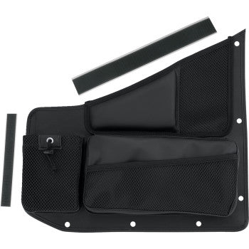 Black SHOW CHROME Kaliber Side Organizer for Polaris Slingshot, driver and passenger side, by Bill's Exhausts.