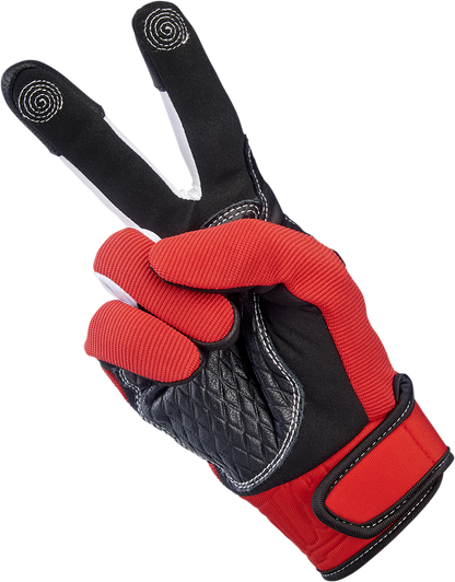 Red BILTWELL Baja Gloves in XS size, showcasing durable motorcycle gloves with reinforced palm and finger protection.