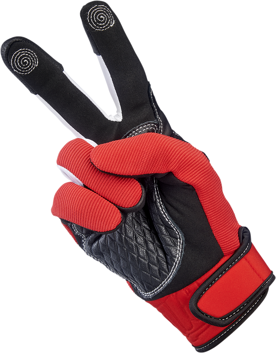 Red BILTWELL Baja gloves in 2XL size, featuring durable leather construction and protective design for motorcycle riding.