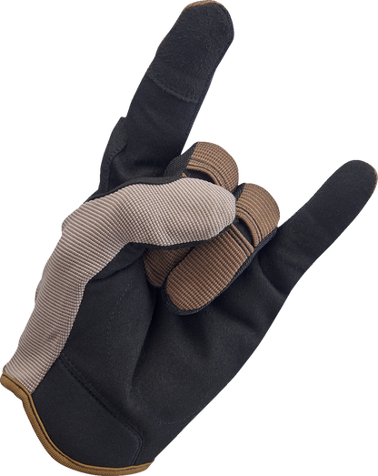 BILTWELL Moto Gloves in Coyote and Black, 2XL, showing durable leather and reinforced design for motorcycle riding.