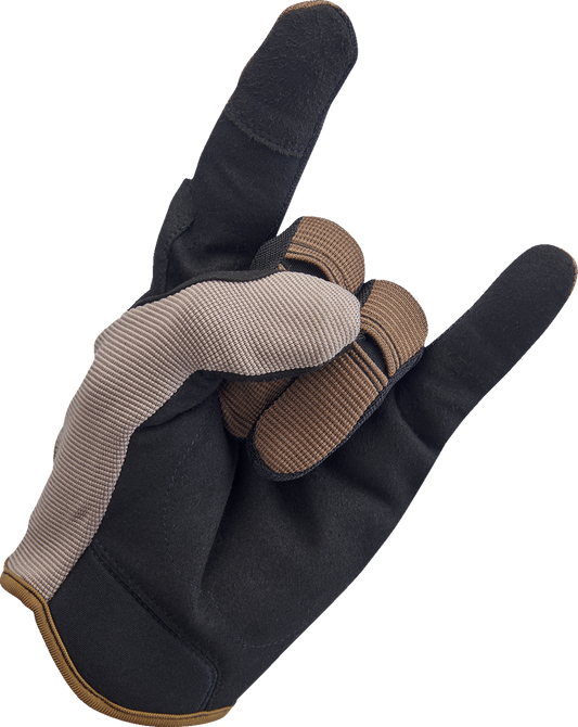 BILTWELL Moto Gloves in Coyote and black, medium size, showing textured leather and reinforced knuckles for motorcycle riding.