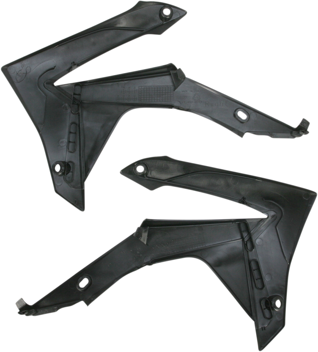 Black ACERBIS radiator shrouds for motorcycle body, with visible mounting points and sleek black finish.