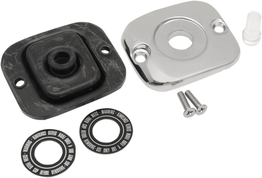 Chrome master cylinder cover by Drag Specialties for 1996-2017 Harley Davidson models, OEM style, enhances motorcycle's front end.