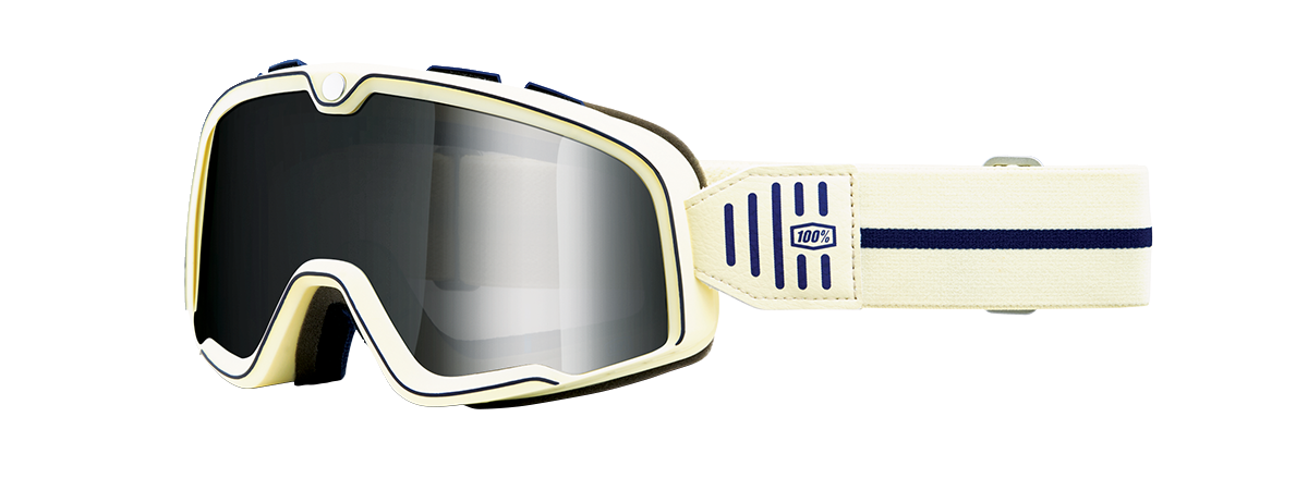 Bill's Exhausts 100% Barstow Goggles Arno Silver Flash Mirror with tinted lenses and adjustable strap for motocross riding.