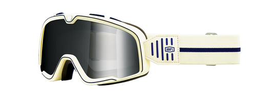 Bill's Exhausts 100% Barstow Goggles Arno Silver Flash Mirror with tinted lenses and adjustable strap for motocross riding.