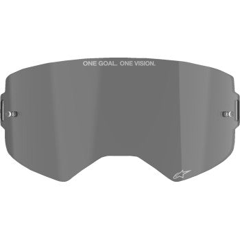 Alpinestars Supertech goggles with dark smoke lens, featuring a sleek design and clear view for motorsport use.