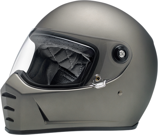 BILTWELL Lane Splitter helmet in flat titanium finish, 2XL size, shown from side view with aerodynamic design and ventilation features.
