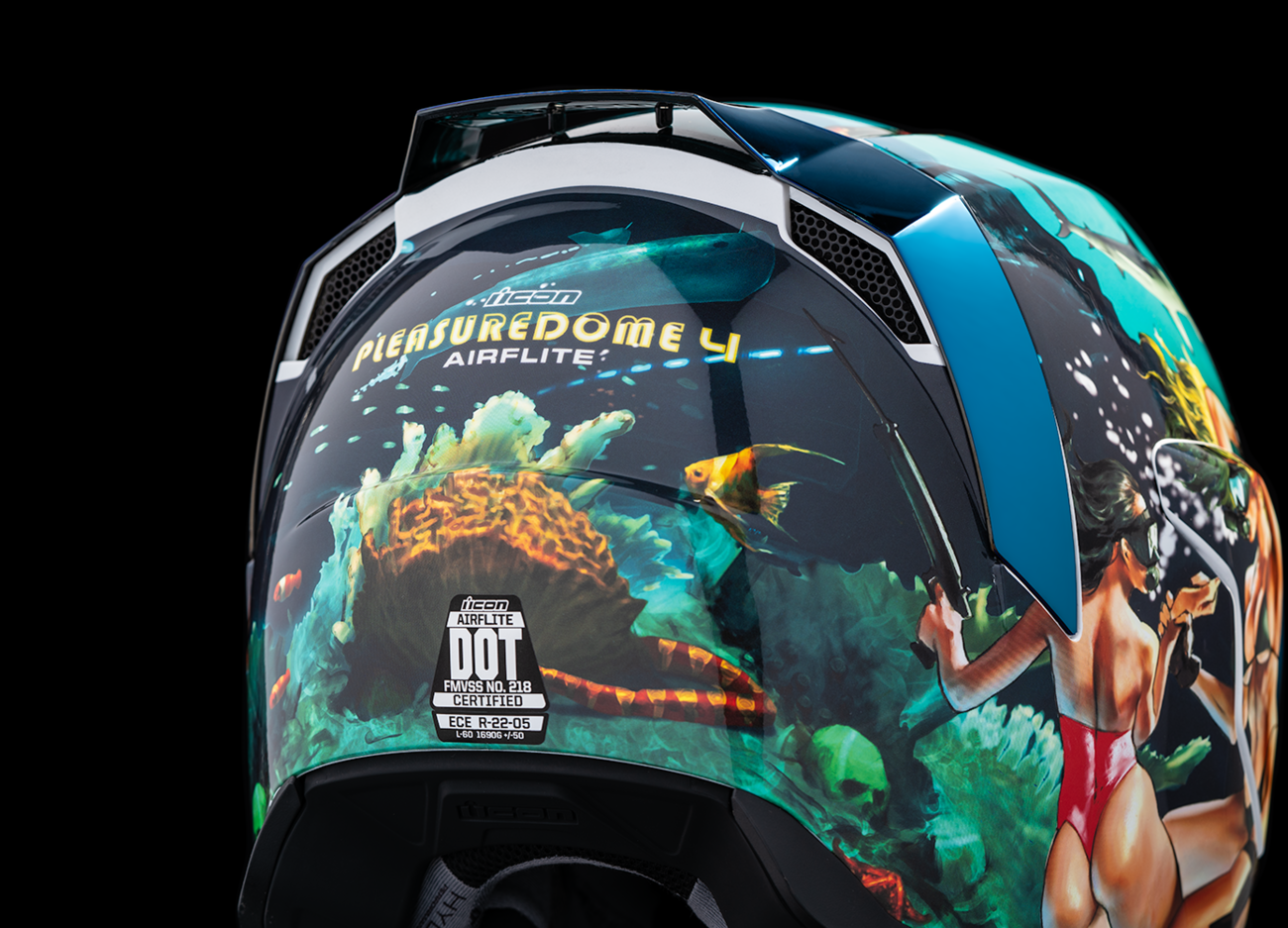 Blue ICON Airflite™ helmet in small size with Pleasuredome4 design, featuring a sleek motorcycle helmet with clear visor.