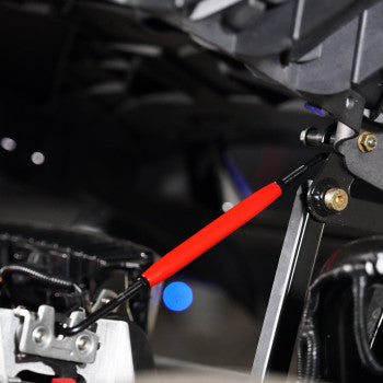 Adjustable SHOW CHROME hood rod for Polaris Slingshot by Bill's Exhausts, shown installed on the vehicle's hood.