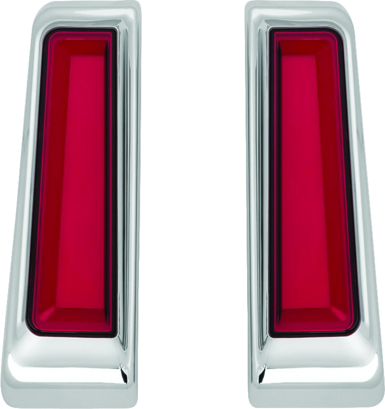 Kuryakyn Tracer LED inserts for Harley Davidson saddlebag supports, featuring chrome finish and enhanced red auxiliary lighting.