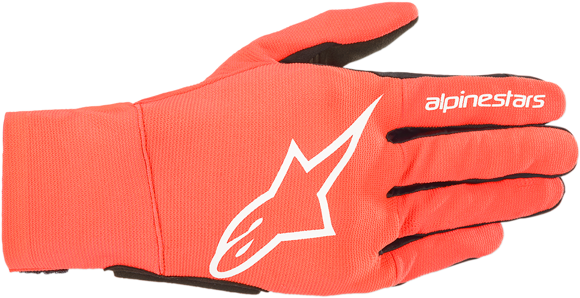 Alpinestars Reef gloves in fluo red, white, and black, small size, showing the sporty design and reinforced palms.
