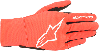 Alpinestars Reef gloves in fluo red, white, and black, medium size, featuring vibrant color details and durable glove construction.