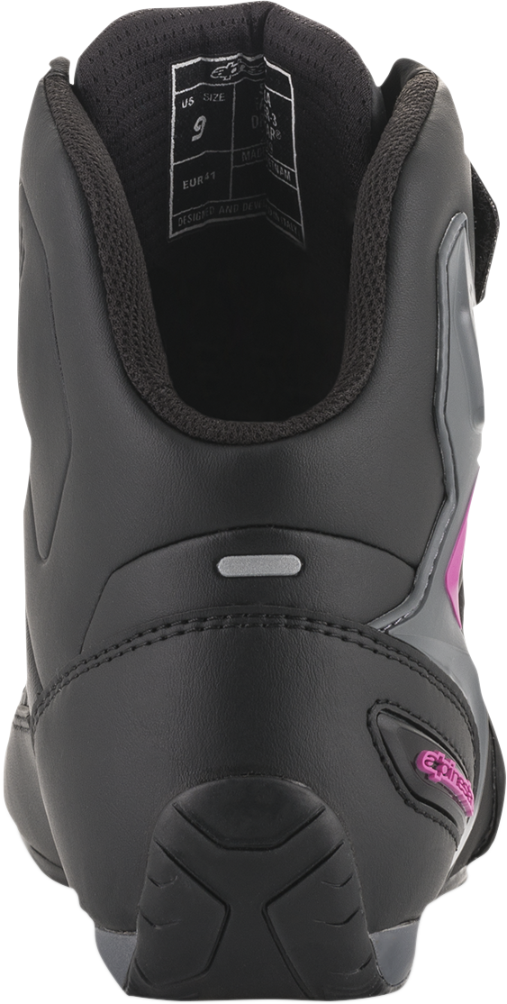 Alpinestars Faster-3 Drystar® motorcycle shoes in black, gray, and pink with US 6.5 size, showcasing the stylish design and materials.