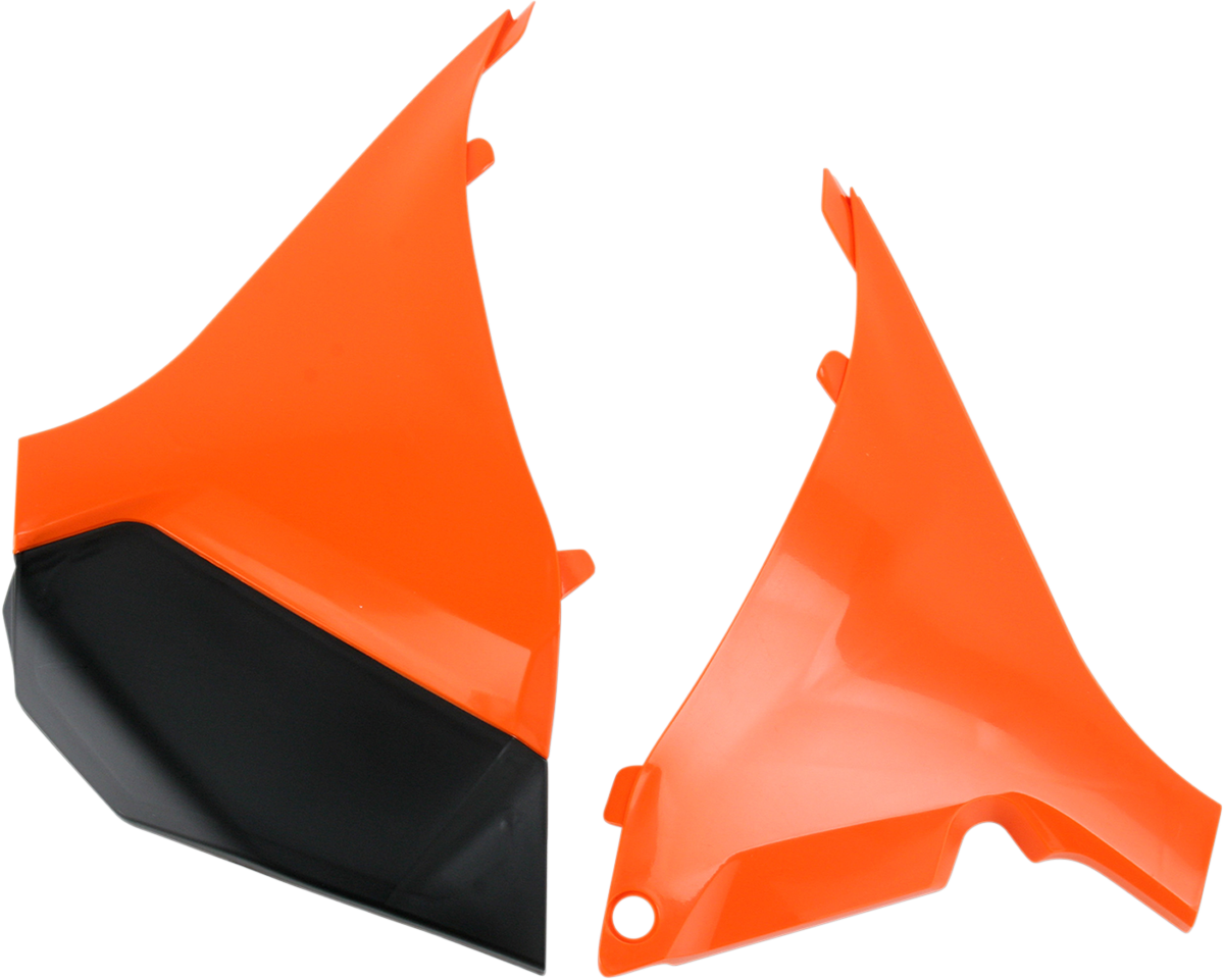 Bill's Exhausts Acerbis airbox cover in orange and black for motorcycle, showing the body with branding and color details.