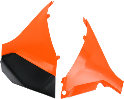 Bill's Exhausts Acerbis airbox cover in orange and black for motorcycle, showing the body with branding and color details.