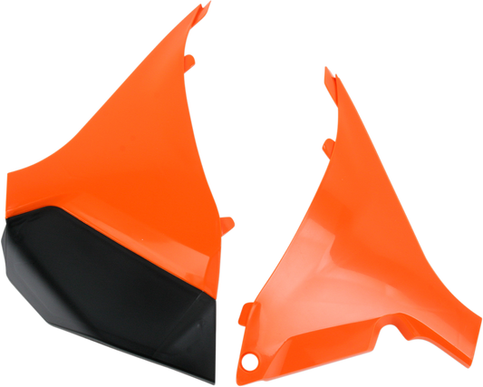 Bill's Exhausts Acerbis airbox cover in orange and black for motorcycle, showing the body with branding and color details.