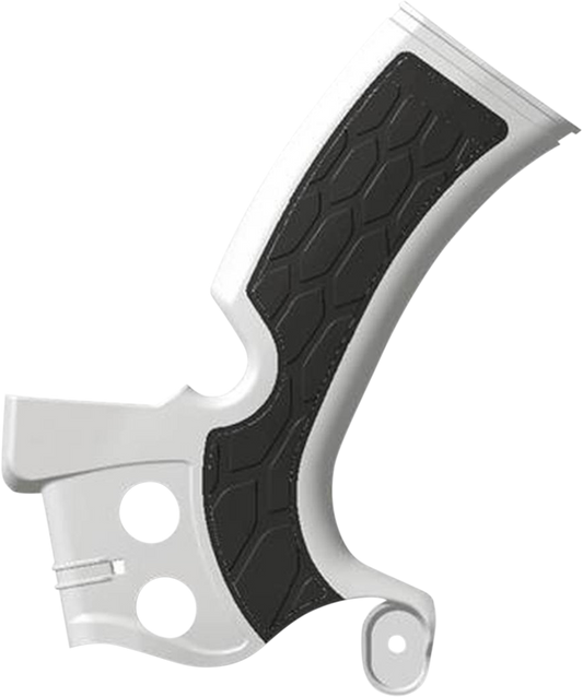 A close-up of ACERBIS X-Grip frame guards in white and black mounted on a motorcycle frame.