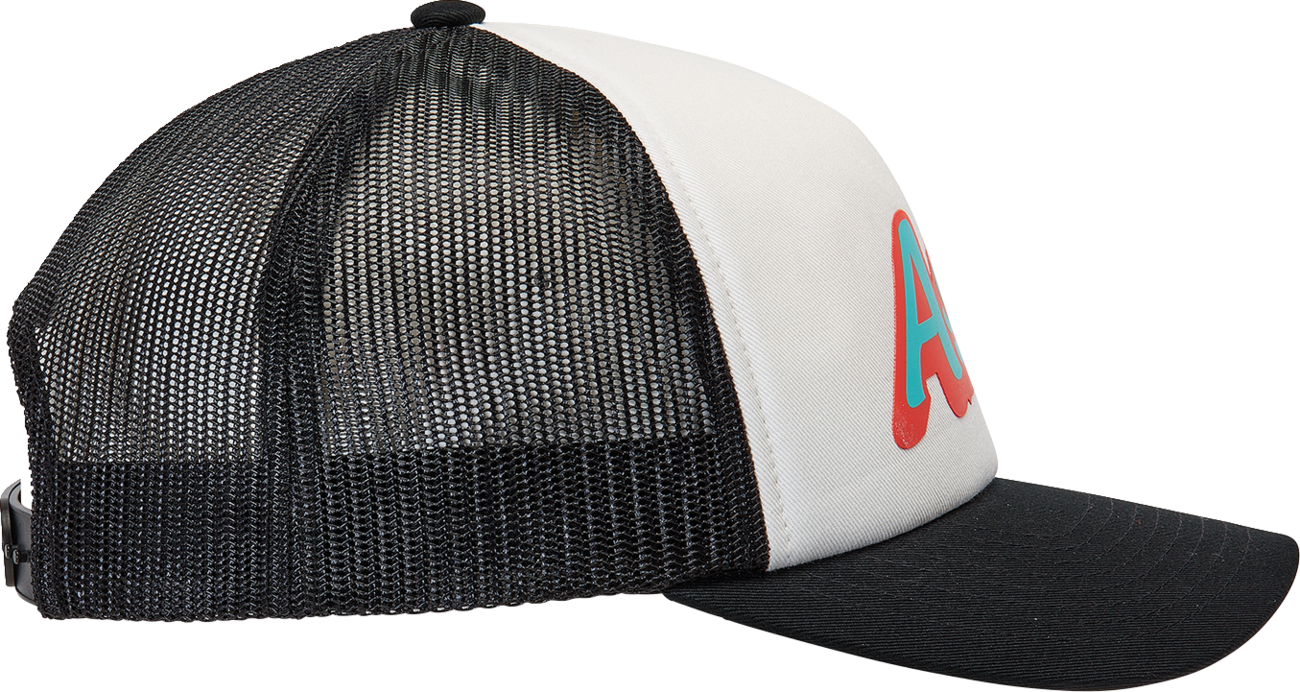 Bill's Exhausts Alpinstars Delivery Trucker Hat in white and black, one size, with mesh back and embroidered logo.