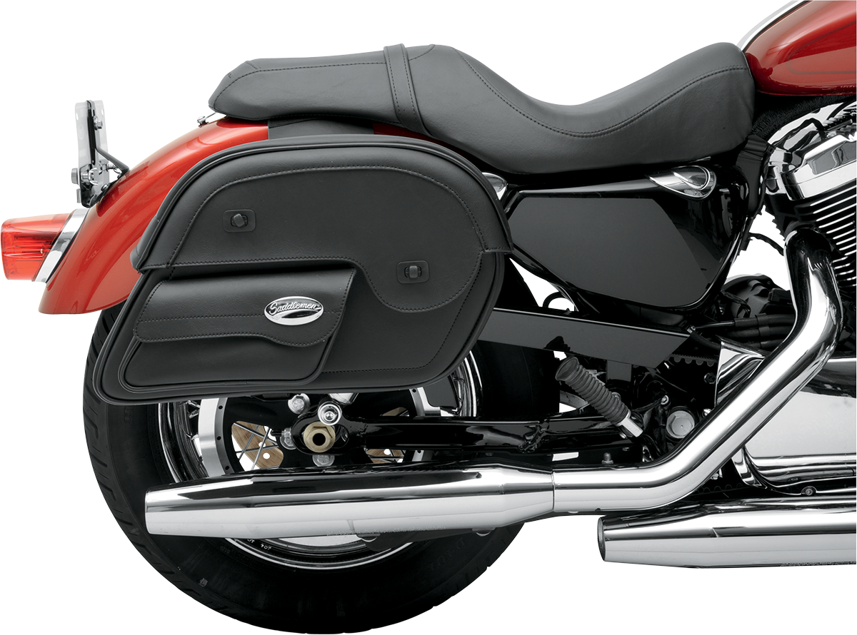 Bill's Exhausts Saddlemens Cruis'n Slant Face Pouch Saddlebags, large size, mounted on motorcycle seat with slant face design.