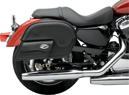 Bill's Exhausts Saddlemens Cruis'n Slant Face Pouch Saddlebags, large size, mounted on motorcycle seat with slant face design.