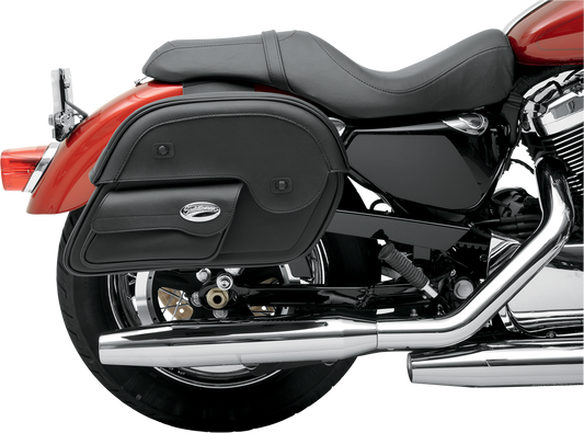 Bill's Exhausts Saddlemens Cruis'n Slant Face Pouch Saddlebags, large size, mounted on motorcycle seat with slant face design.