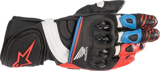 Alpinestars Honda GP Plus R v2 motorcycle gloves in black, bright red, and blue, size XL, with protective knuckles and breathable material.