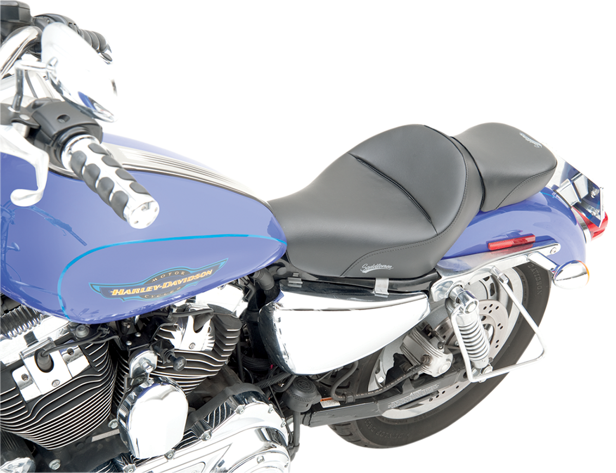 Black SADDLEMEN Heels Down Solo Seat without backrest for XL models, plain design, by Bill's Exhausts.