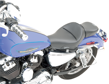 Black SADDLEMEN Heels Down Solo Seat without backrest for XL models, plain design, by Bill's Exhausts.