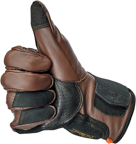 Bill's Exhausts BILTWELL Borrego Gloves in chocolate and black, medium size, showing textured leather and secure wrist closure.