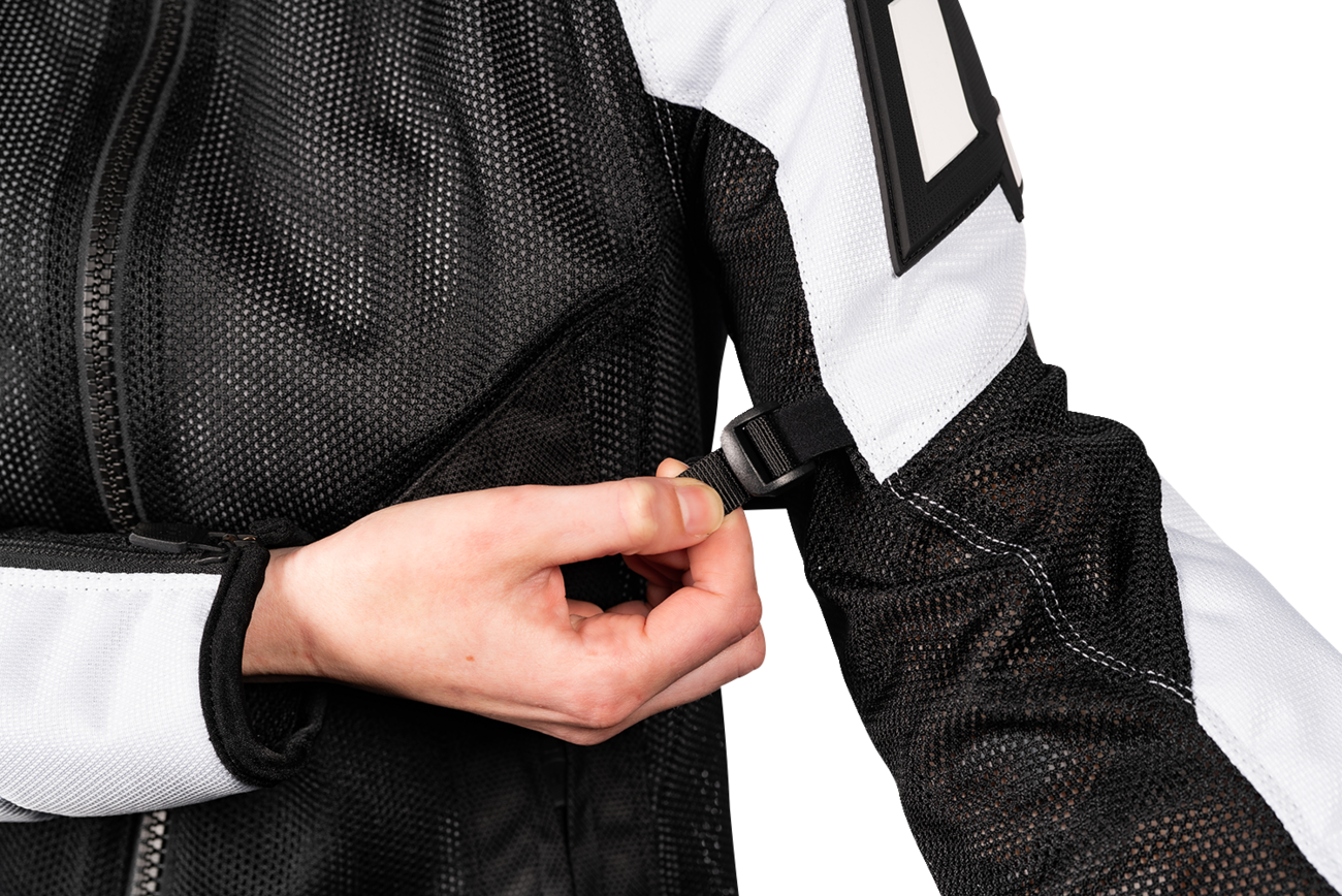Bill's Exhausts ICON Women's Mesh AF Jacket in white and black, XS, featuring breathable mesh fabric and stylish design.