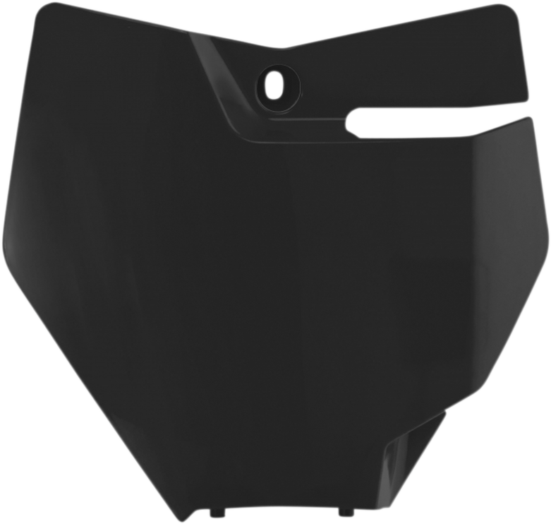 Black ACERBIS front number plate mounted on a motorcycle body, showcasing the sleek design and branding details.