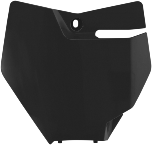 Black ACERBIS front number plate mounted on a motorcycle body, showcasing the sleek design and branding details.