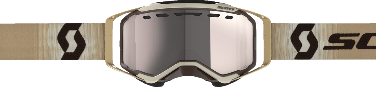 Scott Prospect Snow Cross Goggle in beige and brown with silver chrome enhancer, featuring clear strap and reflective lens detail.