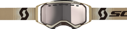 Scott Prospect Snow Cross Goggle in beige and brown with silver chrome enhancer, featuring clear strap and reflective lens detail.