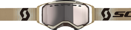 Scott Prospect Snow Cross Goggle in beige and brown with silver chrome enhancer, featuring clear strap and reflective lens detail.