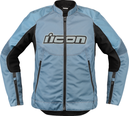 ICON Women's Overlord3™ Blue Jacket, medium size, displayed on a hanger with visible zipper and jacket details.
