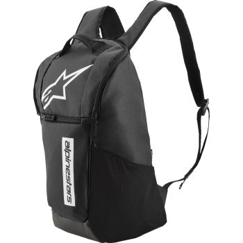 Alpinestars Defcon V3 black and white backpack with multiple compartments, logo details, and adjustable straps.