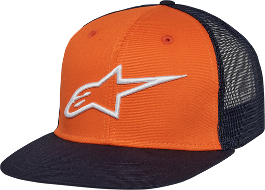 Alpinestars Corp trucker hat in orange and navy with adjustable snapback, featuring the Alpinestars logo on front, one size fits most