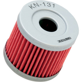 K&N KN-131 performance oil filter cartridge showing metal mesh and rubber seal for engine oil filtration.