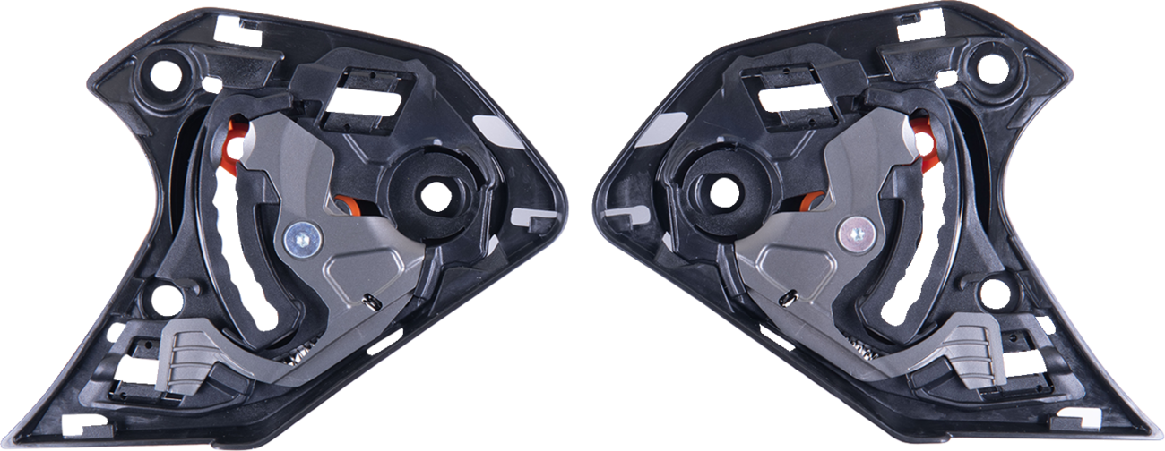 Alpinestars Supertech R10 shield mechanism in black, featuring detailed components and branding, on a plain background.