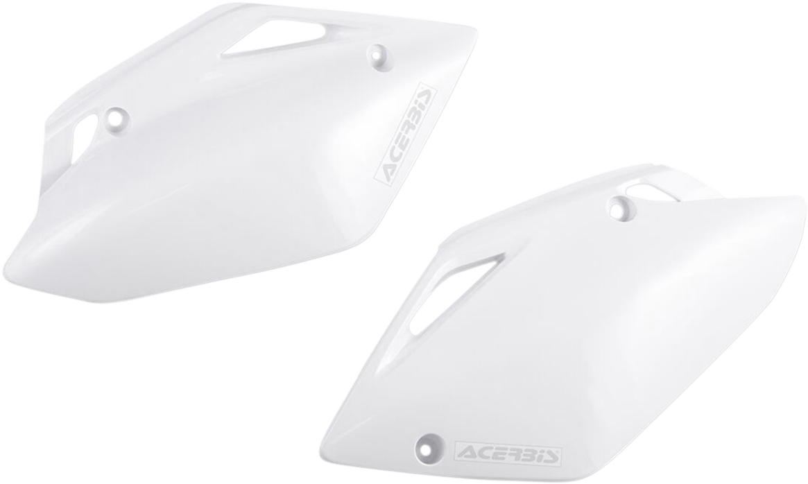 White Acerbis side panels for motorcycle body, designed for durability and a sleek look, shown on a plain background.