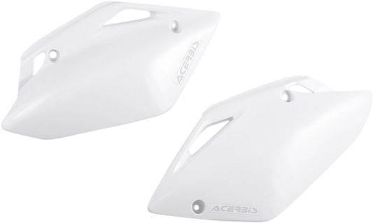White Acerbis side panels for motorcycle body, designed for durability and a sleek look, shown on a plain background.