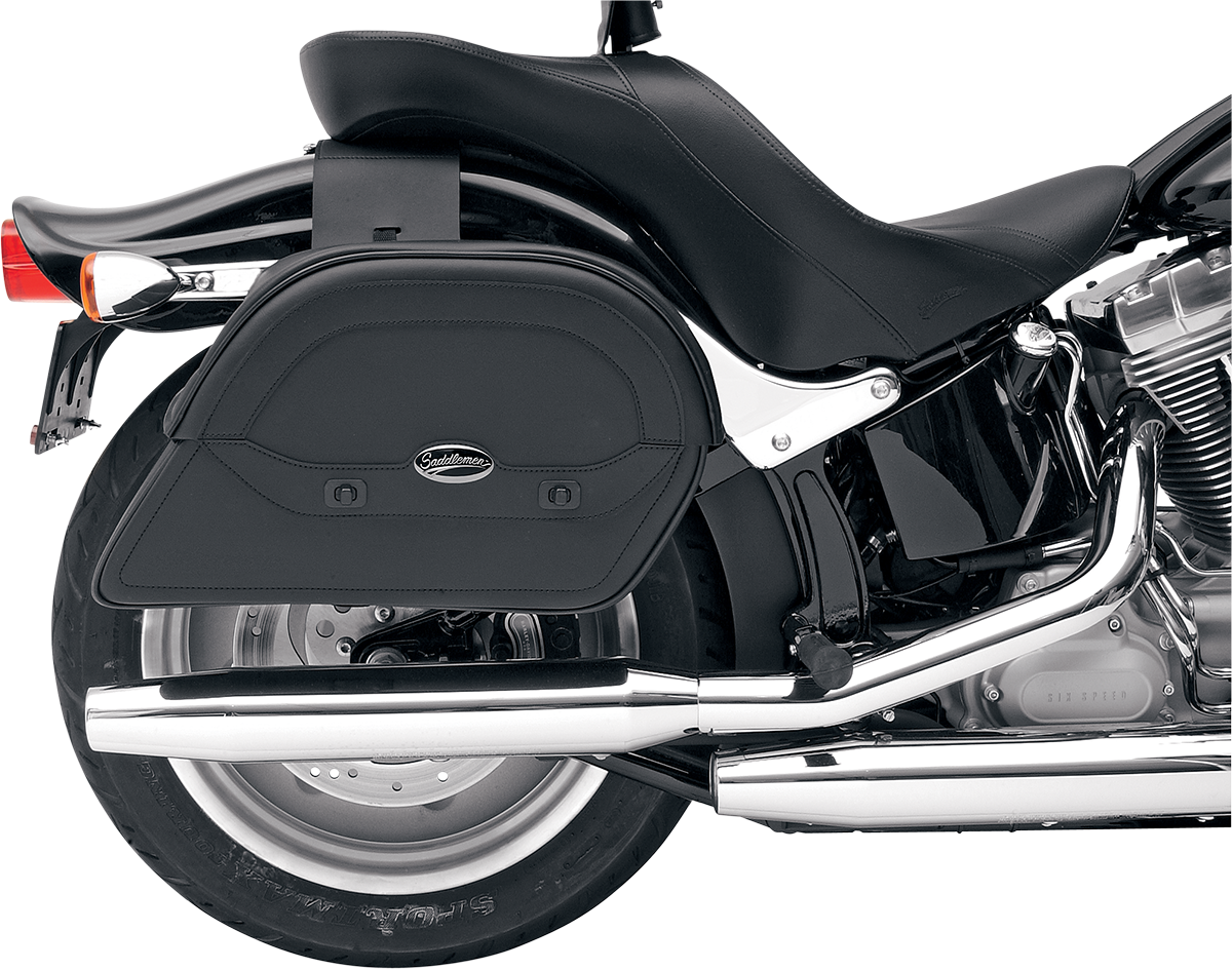 Bill's Exhausts Cruis'n Slant Saddlebag seat for motorcycles, jumbo size, with black leather and detailed stitching.