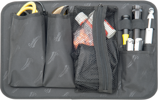 Bill's Exhausts Saddlemen Saddlebag Lid Organizer for seats, showing a durable black organizer with compartments for bike storage.