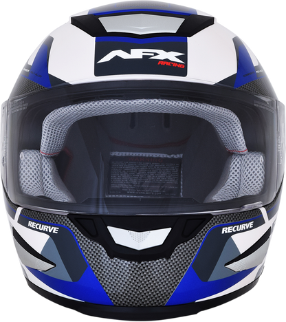 Bill's Exhausts AFX FX-99 recurve helmet in pearl white and blue, small size, featuring aerodynamic design and sleek finish.